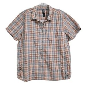 Mountain Hardwear Shirt Women XL Orange Grey Plaid Short Sleeve Hiking Technical